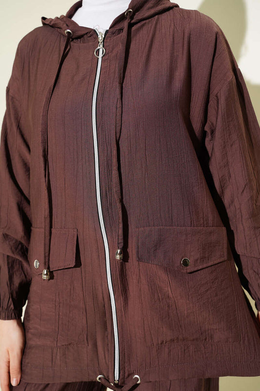 Hooded Double Pouch Pocket Two-Piece Set Brown