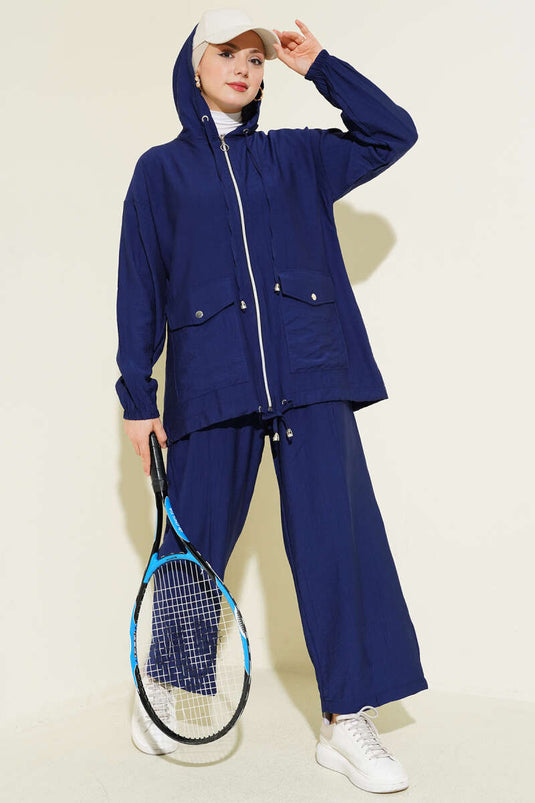 Double Pocket Hoodie Two-Piece Set Navy Blue