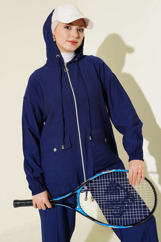 Double Pocket Hoodie Two-Piece Set Navy Blue