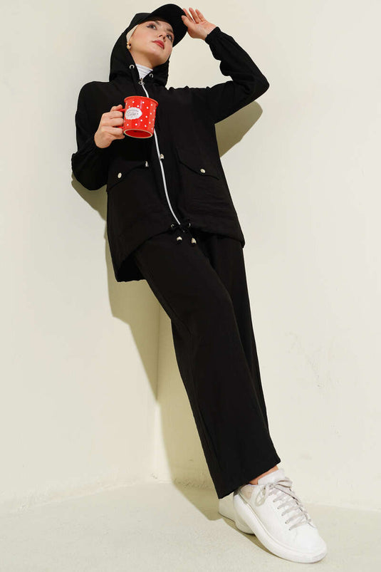 Double Pocket Hoodie Set Black