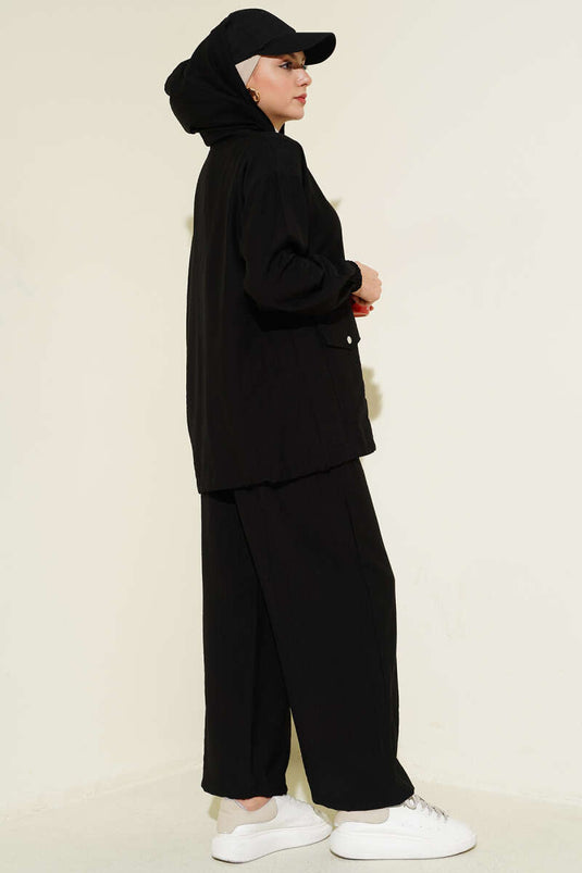 Double Pocket Hoodie Set Black