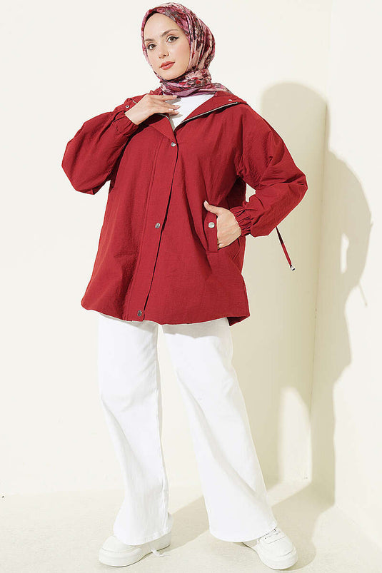 Hooded Burgundy Jacket With Snap Buttons