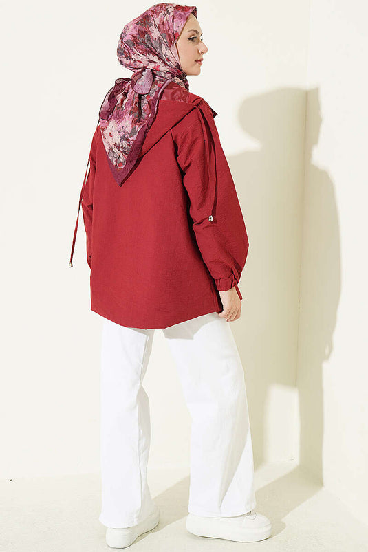 Hooded Burgundy Jacket With Snap Buttons
