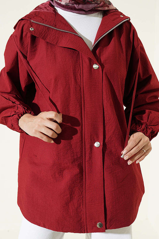 Hooded Burgundy Jacket With Snap Buttons