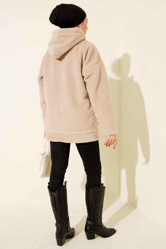 معطف بغطاء رأس وأزرار كبس، بيج