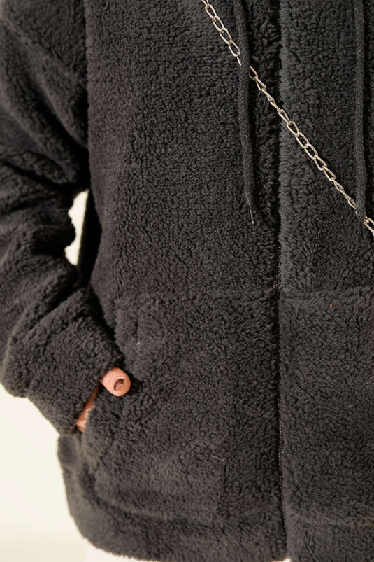 معطف فرو بغطاء رأس مع تفاصيل خطوط باللون الرمادي الداكن