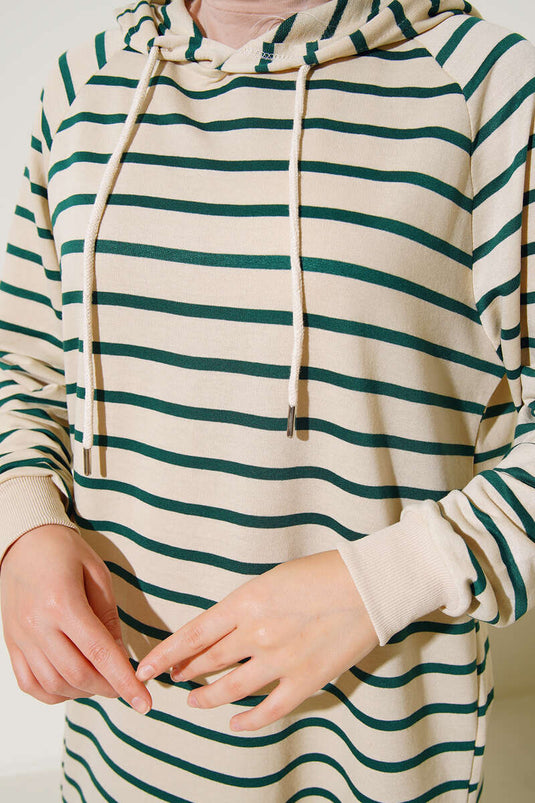 Kapüşonlu Çizgili Uzun Tunik Zümrüt Yeşil