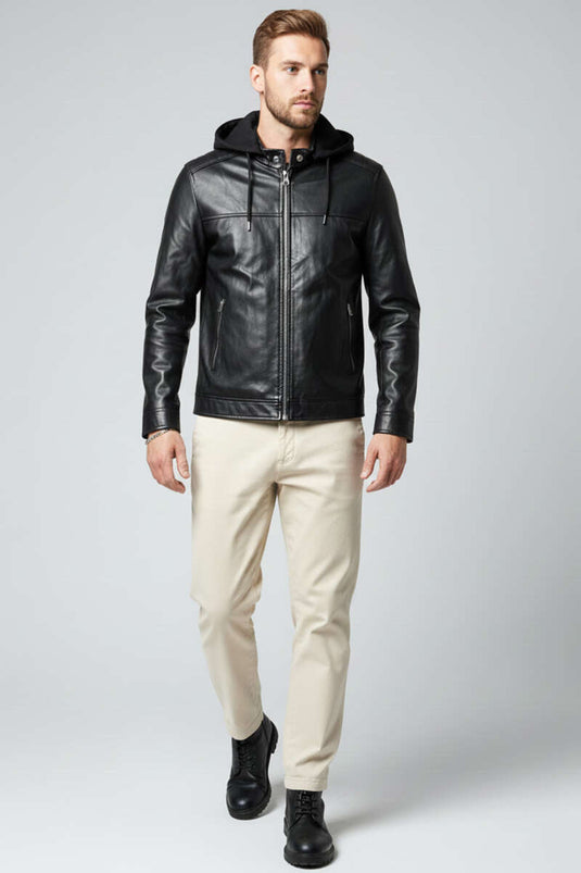 Men's Hooded Leather Jacket, Black