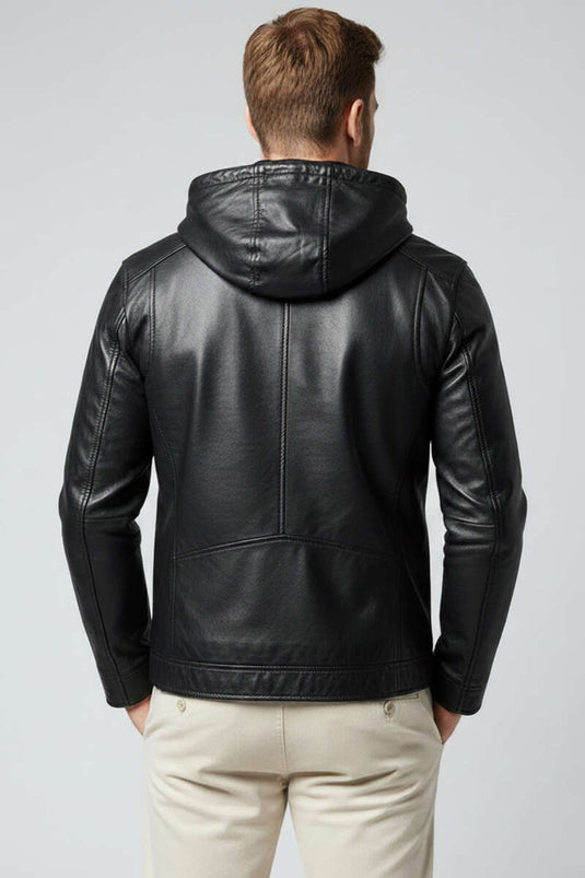 Men's Hooded Leather Jacket, Black