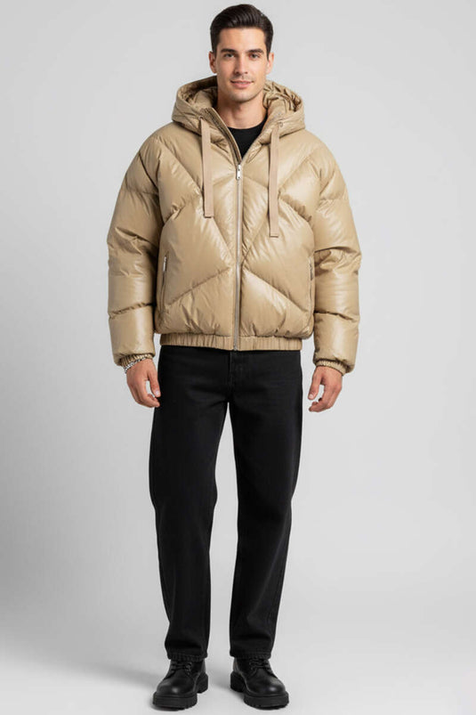 جاكيت رجالي منفوخ من الجلد بغطاء رأس، بيج