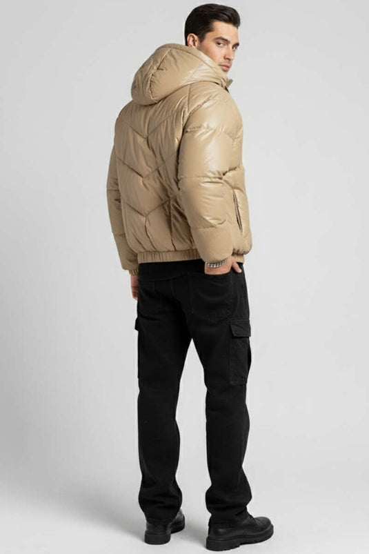 جاكيت رجالي منفوخ من الجلد بغطاء رأس، بيج