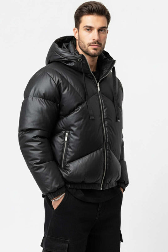 Kapüşonlu Deri Erkek Şişme Mont Siyah