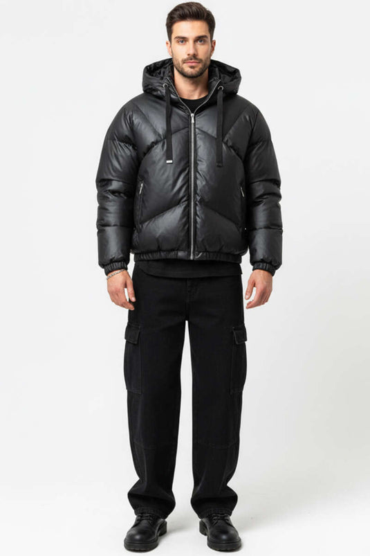 Kapüşonlu Deri Erkek Şişme Mont Siyah