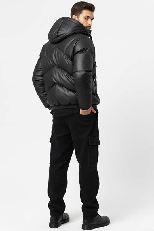 Kapüşonlu Deri Erkek Şişme Mont Siyah