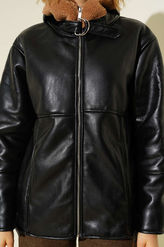 Kapüşonlu Deri Mont Siyah Camel