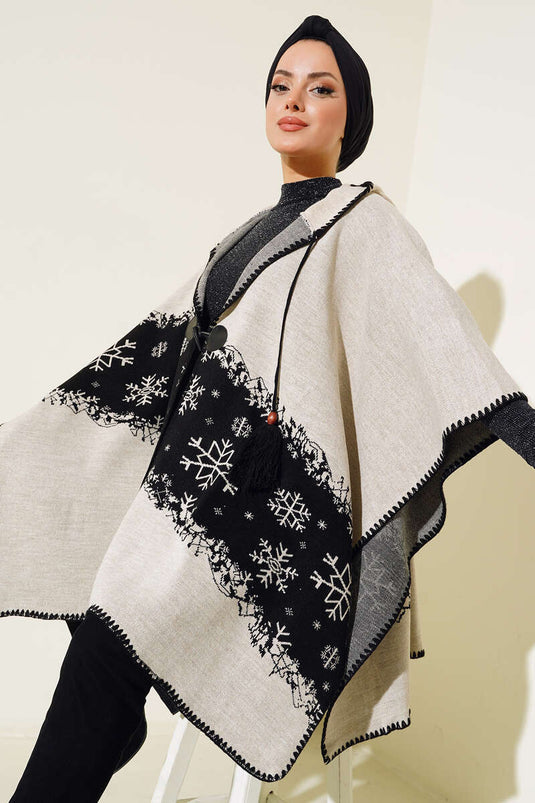 Hooded Patterned Poncho Beige