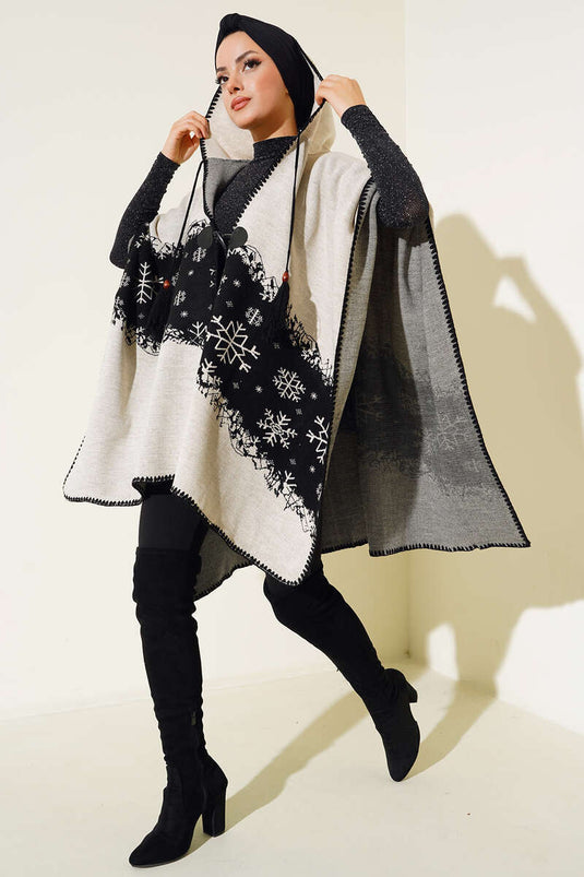 Hooded Patterned Poncho Beige