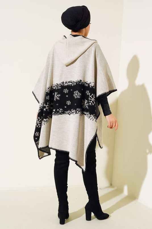 Hooded Patterned Poncho Beige