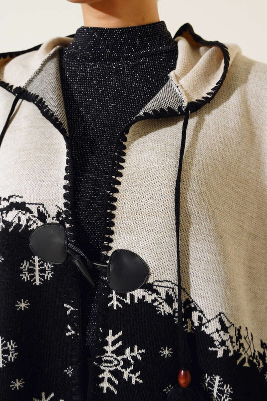 Hooded Patterned Poncho Beige