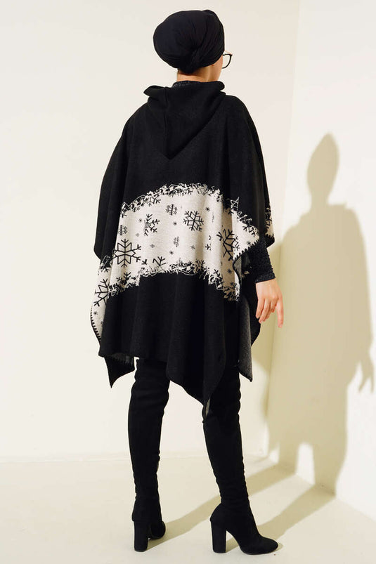 Hooded Patterned Poncho Black Beige