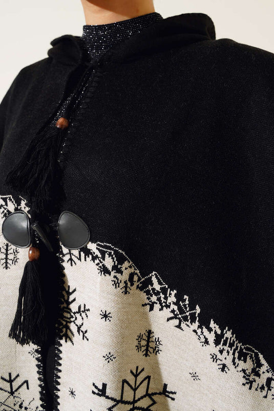 Hooded Patterned Poncho Black Beige