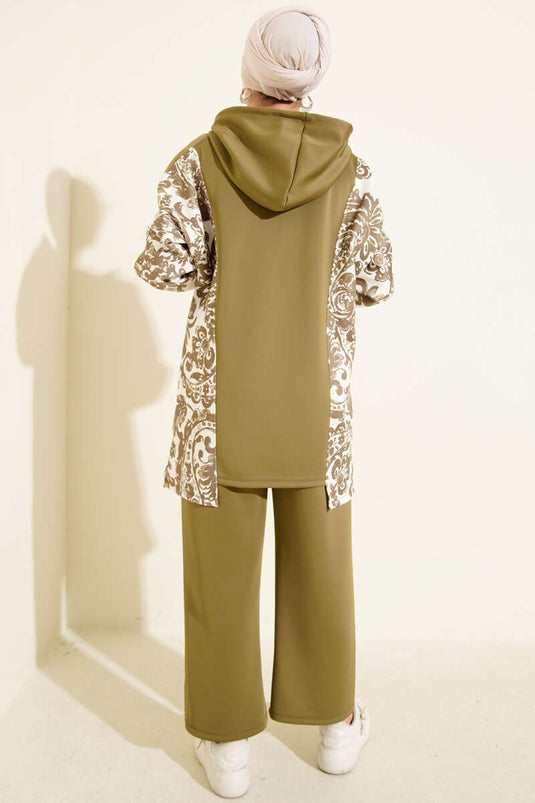 Hooded Patterned Scuba Two Piece Suit, Almond Green