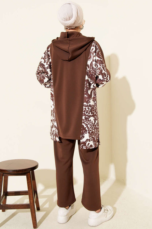 Kapüşonlu Desenli Scuba İkili Takım Kahve