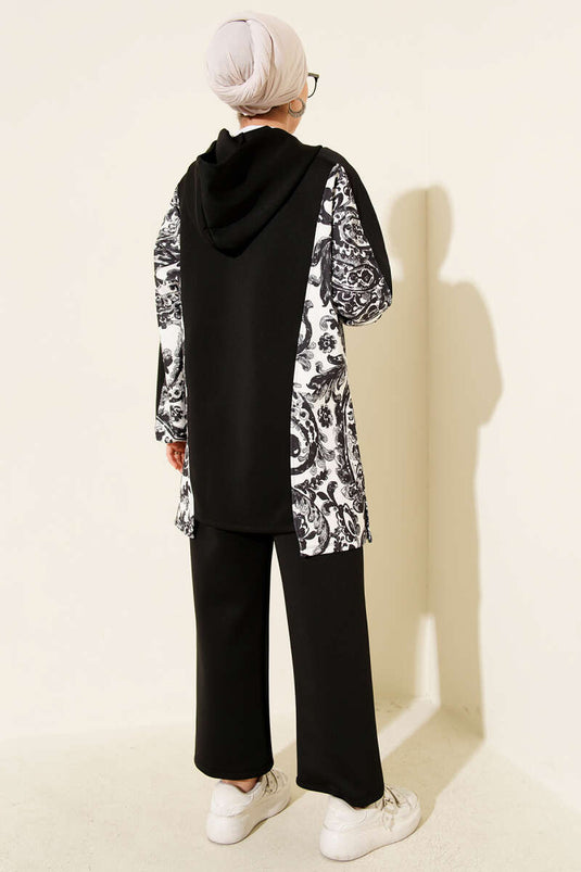 Kapüşonlu Desenli Scuba İkili Takım Siyah