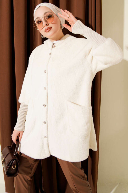 Hooded Buttoned Angora Jacket, Beige