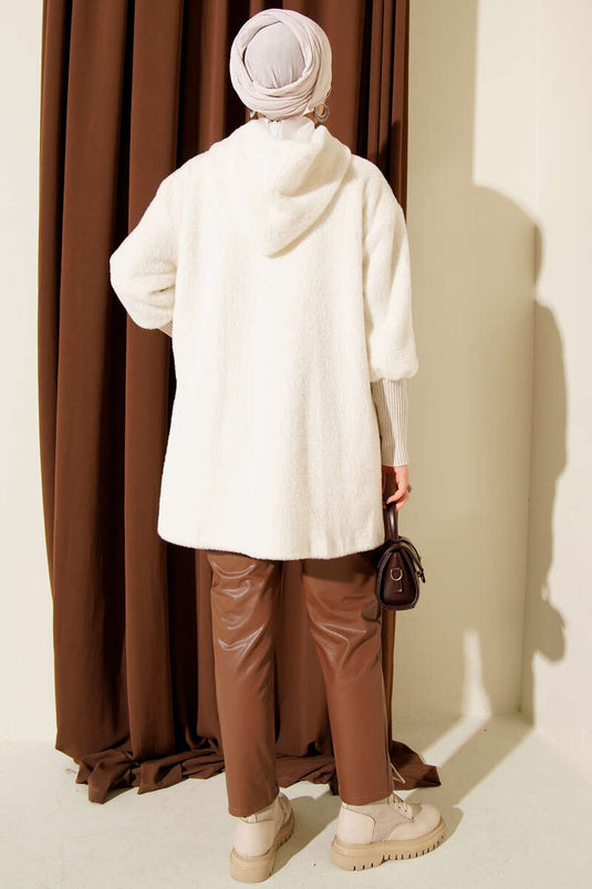 Hooded Buttoned Angora Jacket, Beige