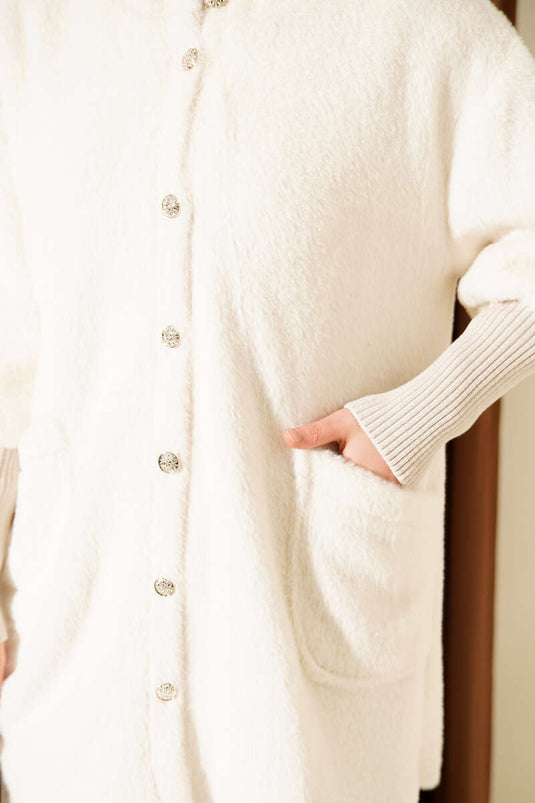 Hooded Buttoned Angora Jacket, Beige