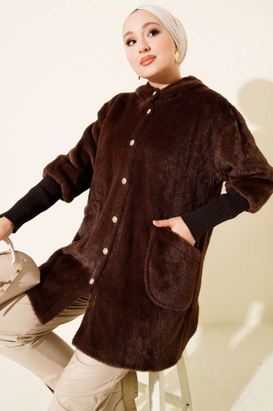 Hooded Button-Down Angora Jacket, Brown