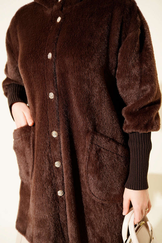 Hooded Button-Down Angora Jacket, Brown