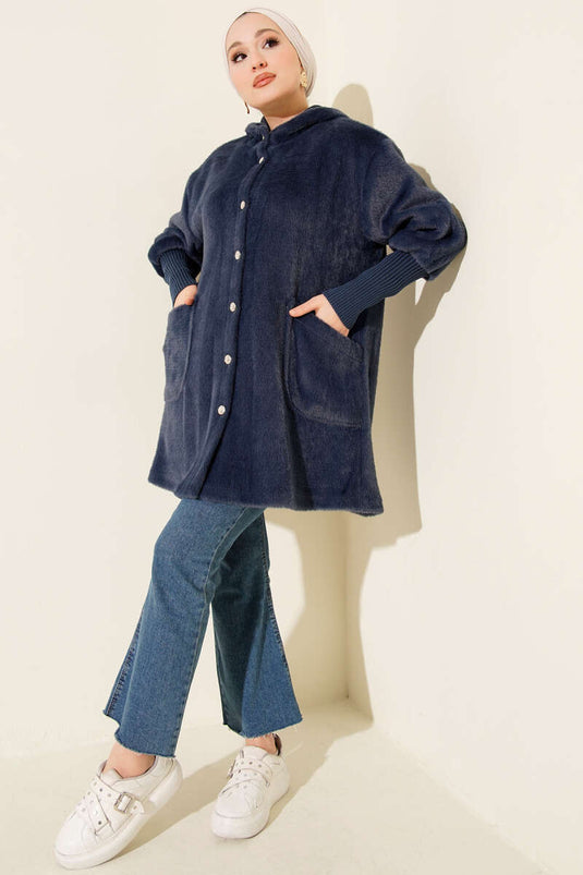 Hooded Buttoned Angora Jacket, Navy Blue