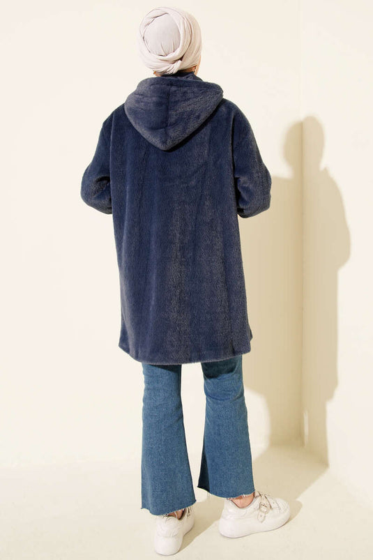 Hooded Buttoned Angora Jacket, Navy Blue