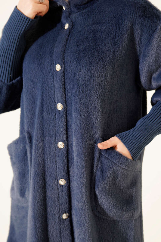 Hooded Buttoned Angora Jacket, Navy Blue