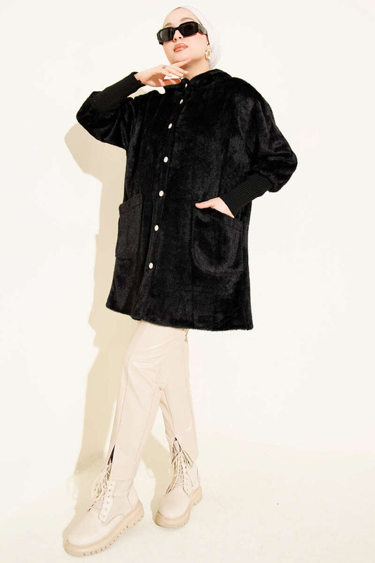 Hooded Buttoned Angora Jacket, Black