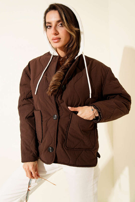 Kapüşonlu Düğmeli Kapitone Ceket Kahve