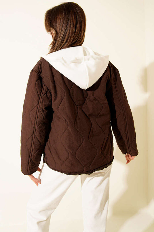 Kapüşonlu Düğmeli Kapitone Ceket Kahve