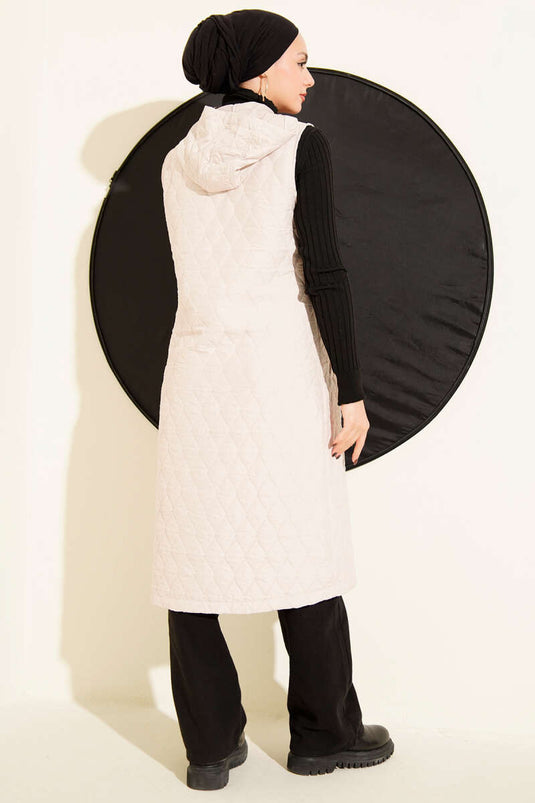 Hooded Button-Down Quilted Vest, Beige