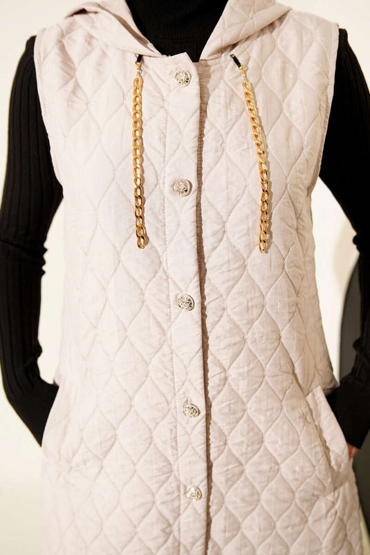Hooded Button-Down Quilted Vest, Beige
