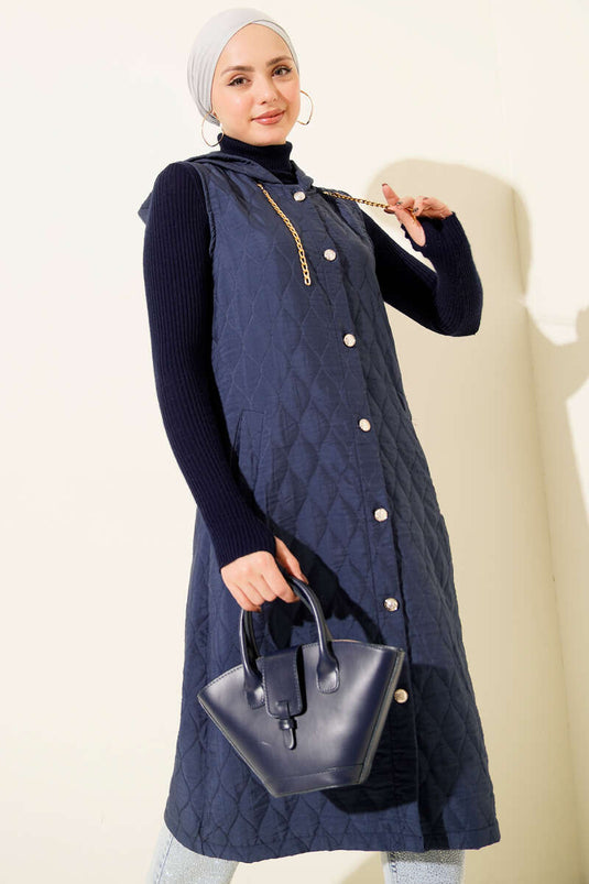 Hooded Buttoned Quilted Vest Indigo