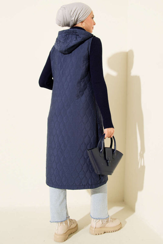 Hooded Buttoned Quilted Vest Indigo