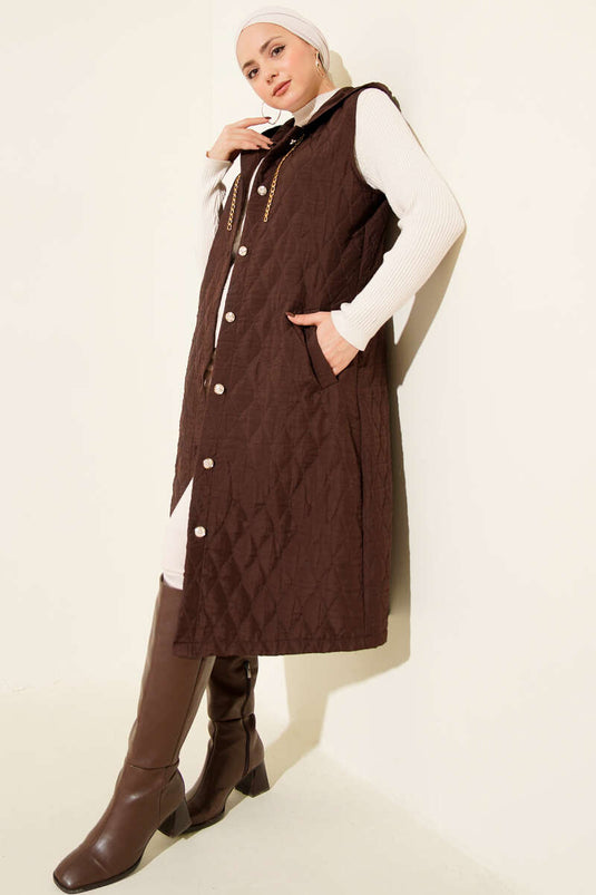 Hooded Button-Down Quilted Vest, Coffee