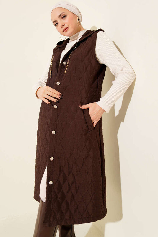 Hooded Button-Down Quilted Vest, Coffee