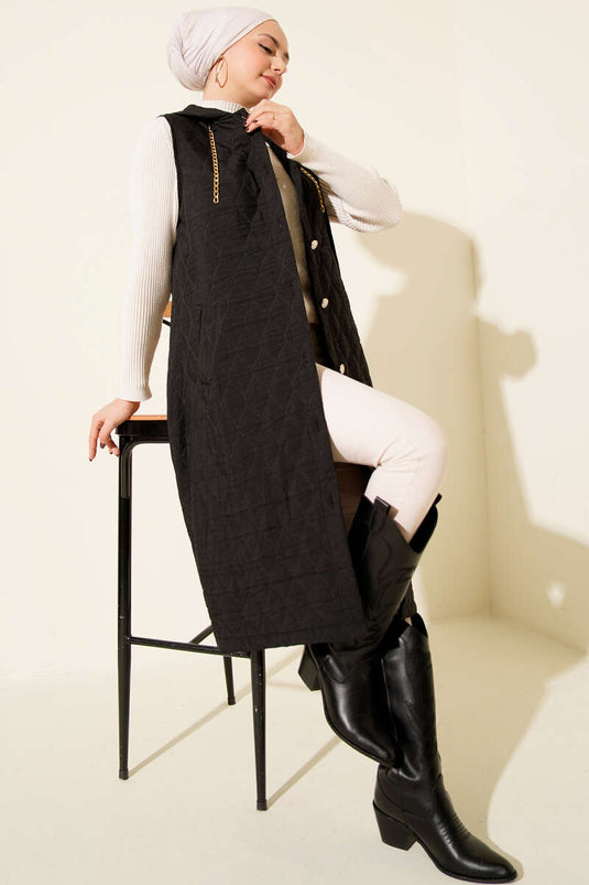 Hooded Buttoned Quilted Vest, Black