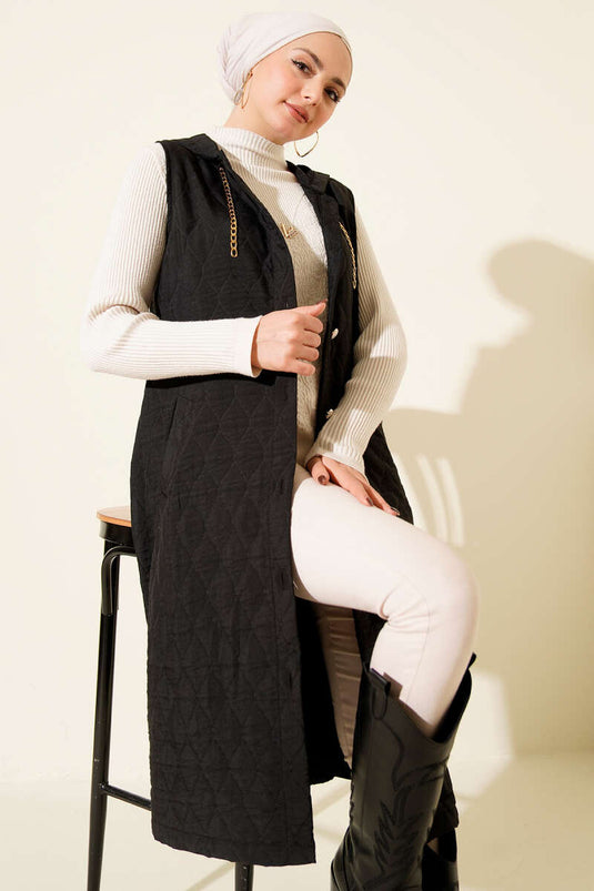 Hooded Buttoned Quilted Vest, Black