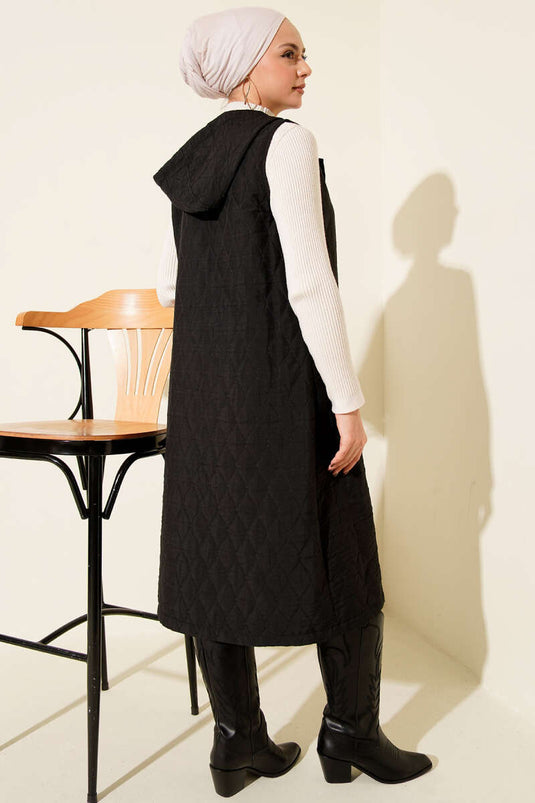 Hooded Buttoned Quilted Vest, Black