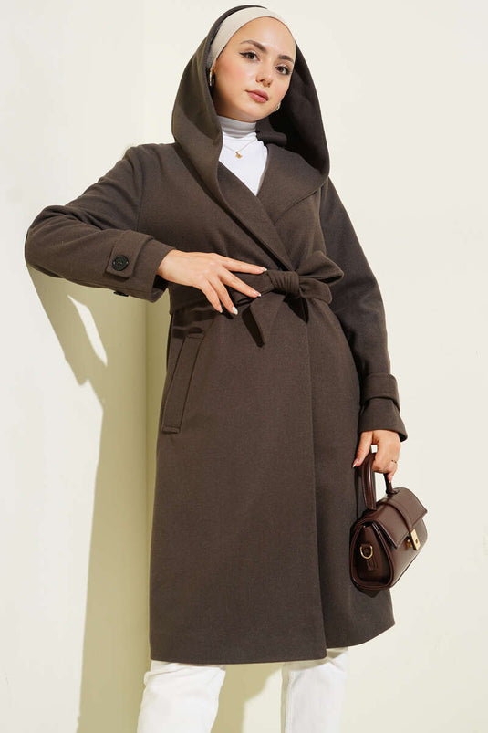 Hooded Buttoned Cashmere Coat Bitter Coffee