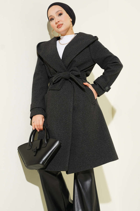 Hooded Buttoned Cashmere Coat Anthracite